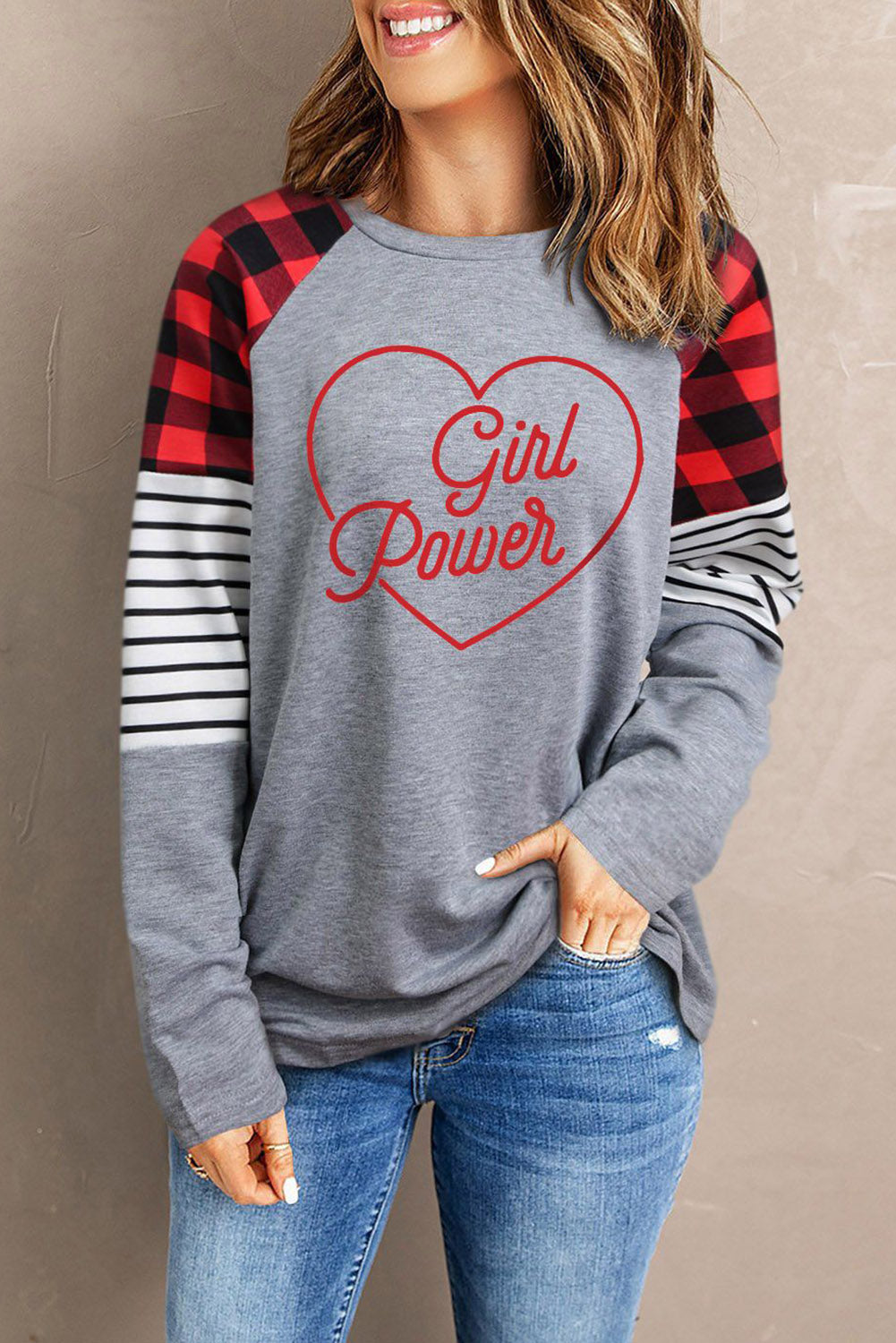 GIRL POWER Striped Plaid Long Sleeve Top
