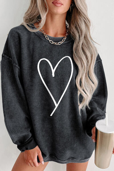 Heart Round Neck Dropped Shoulder Sweatshirt