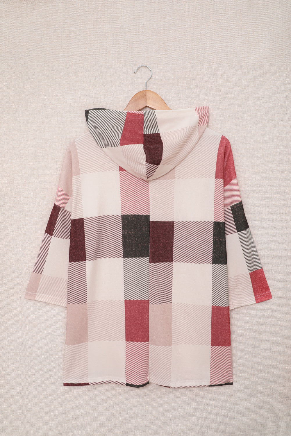 Plaid Side Slit Three-Quarter Sleeve Hoodie