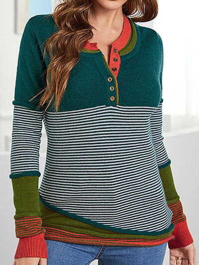 Striped Contrast Notched Long Sleeve Sweater