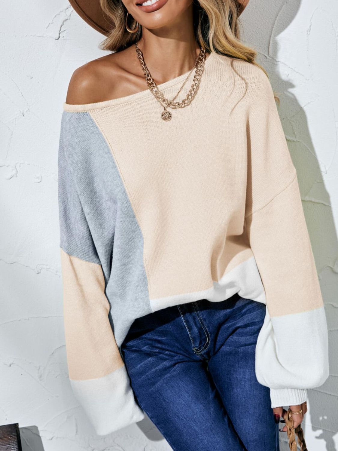 Color Block Balloon Sleeve Boat Neck Sweater