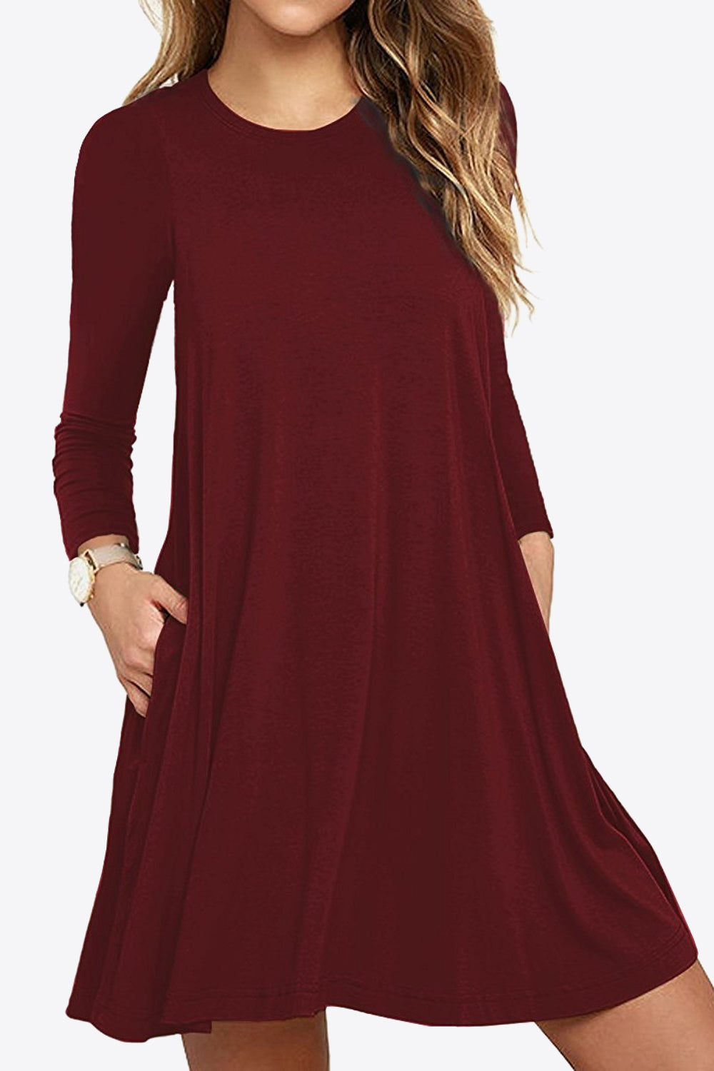 Full Size Long-Sleeve Round Neck Dress with Pockets