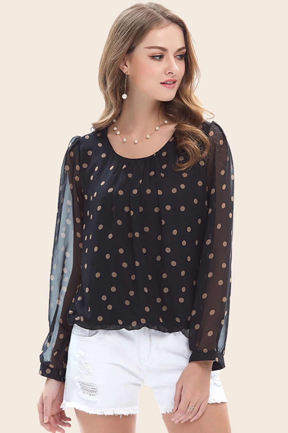 Full Size Polka Dot Round Neck Long Puff Sleeve Blouse