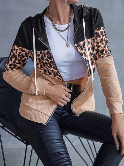 Drawstring Leopard Zip Up Hooded Jacket