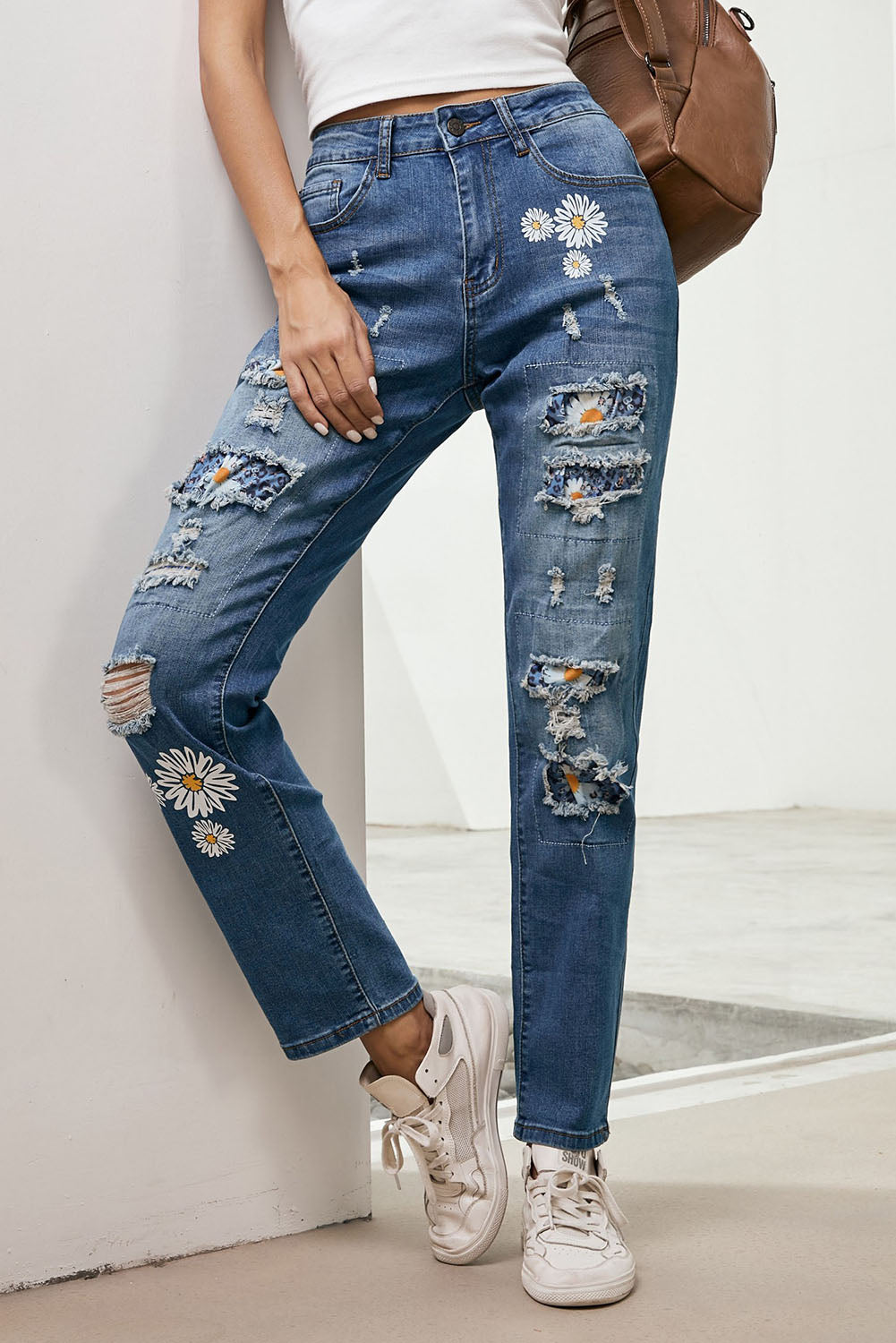 Printed Patch Distressed Boyfriend Jeans