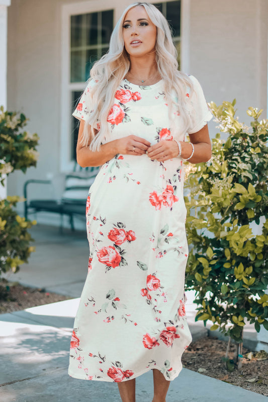 Floral Side Slit Cuffed Sleeve Midi Dress