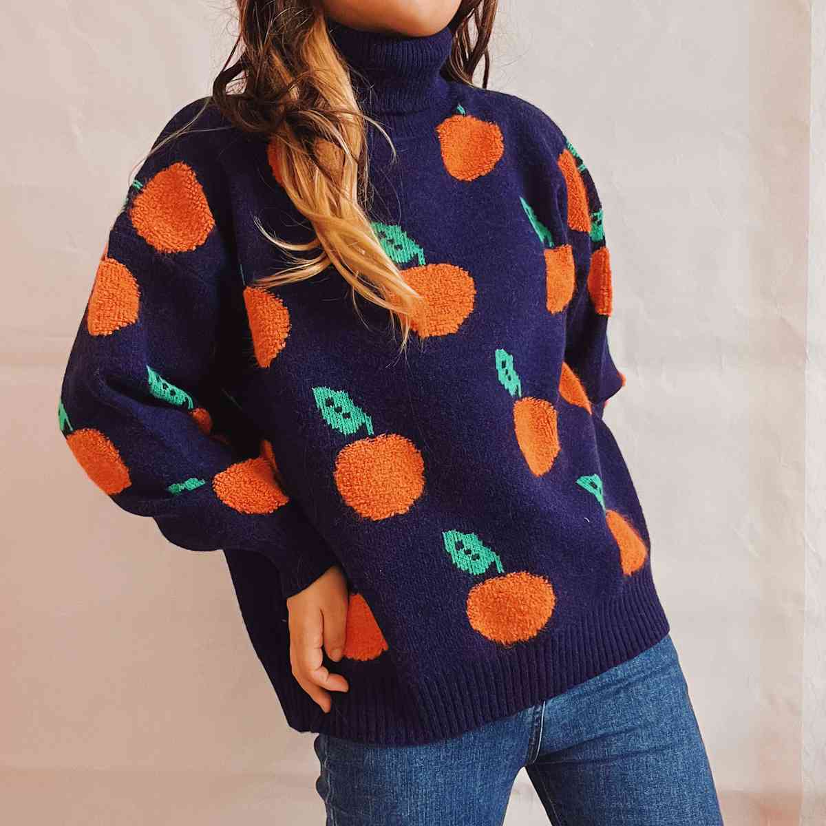 Fruit Pattern Turtleneck Dropped Sweater