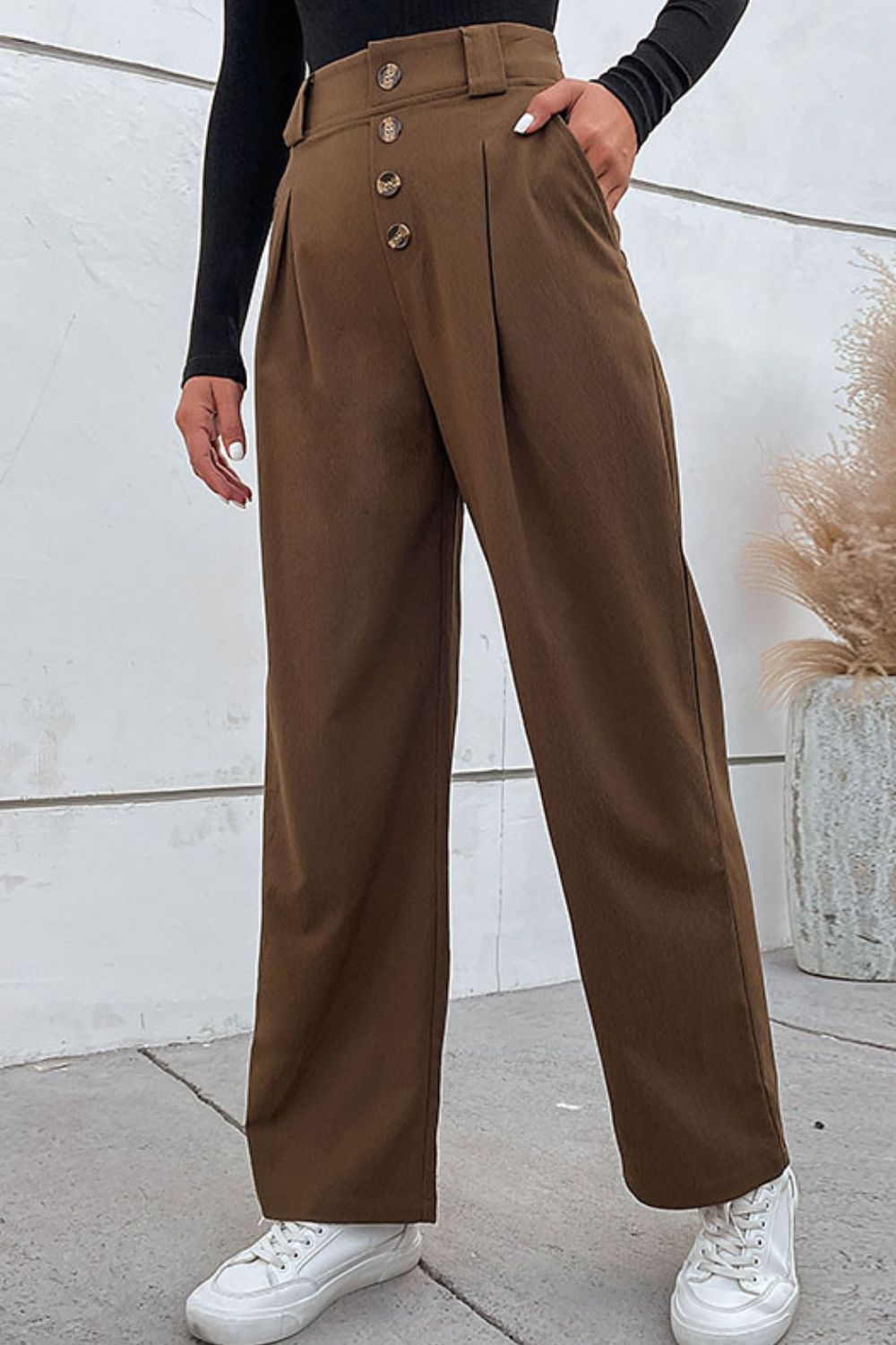 Button-Fly Pleated Waist Wide Leg Pants with Pockets