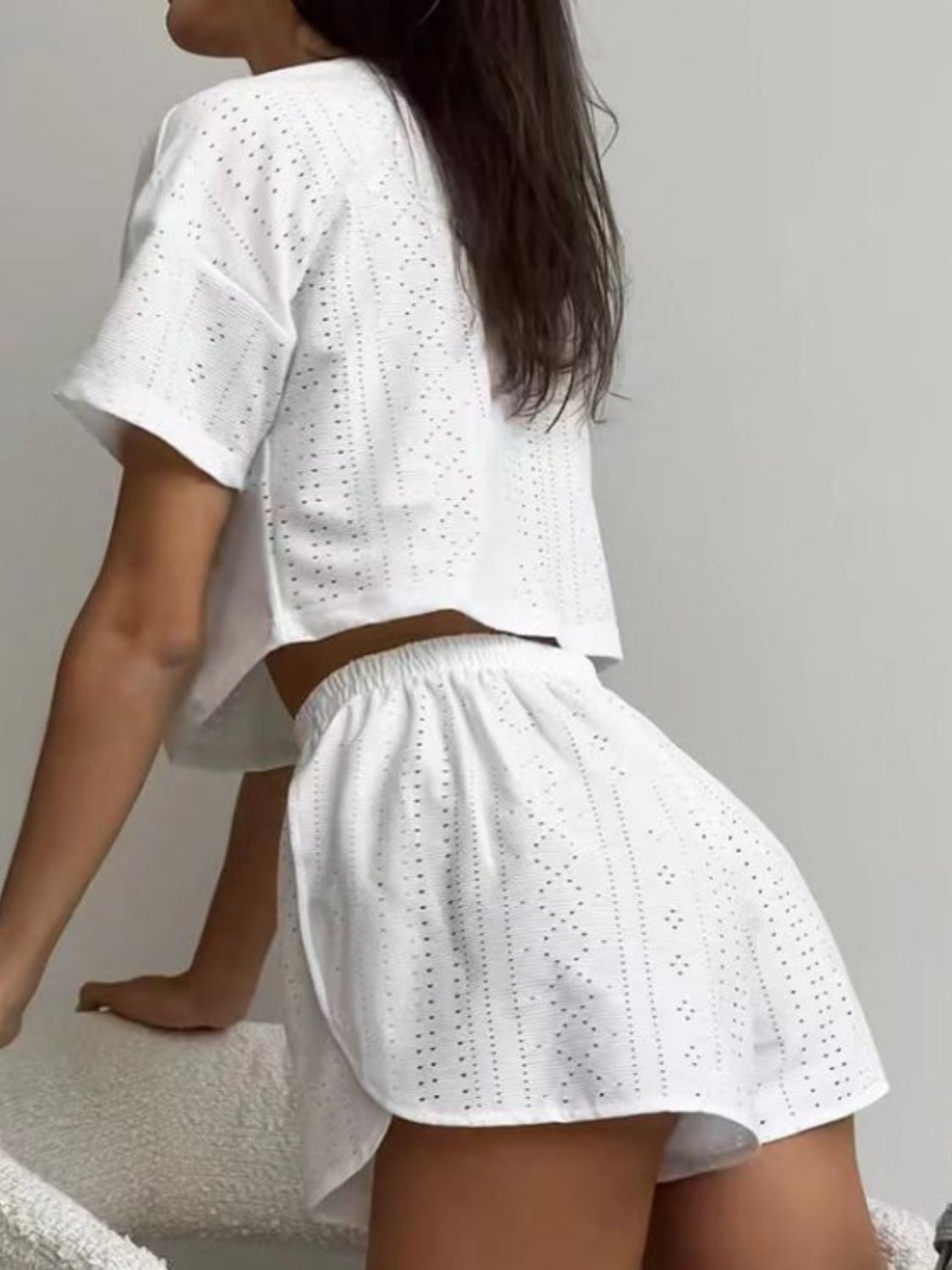 Eyelet Round Neck Top and Shorts Set