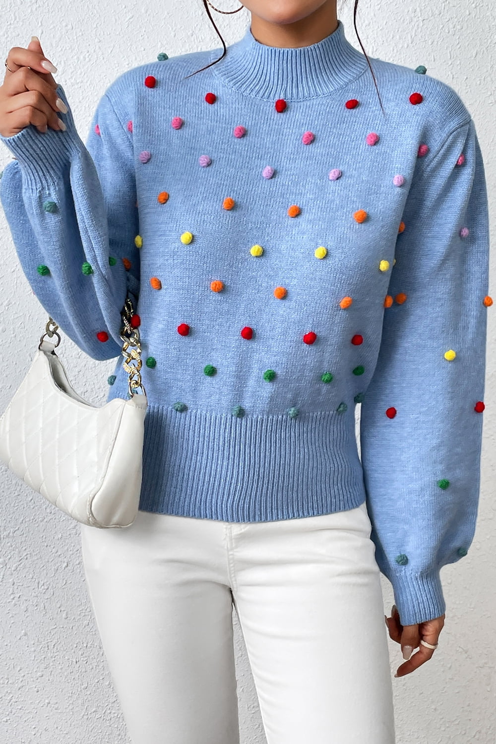 Pom-Pom Trim Mock Neck Long Sleeve Pullover Sweater