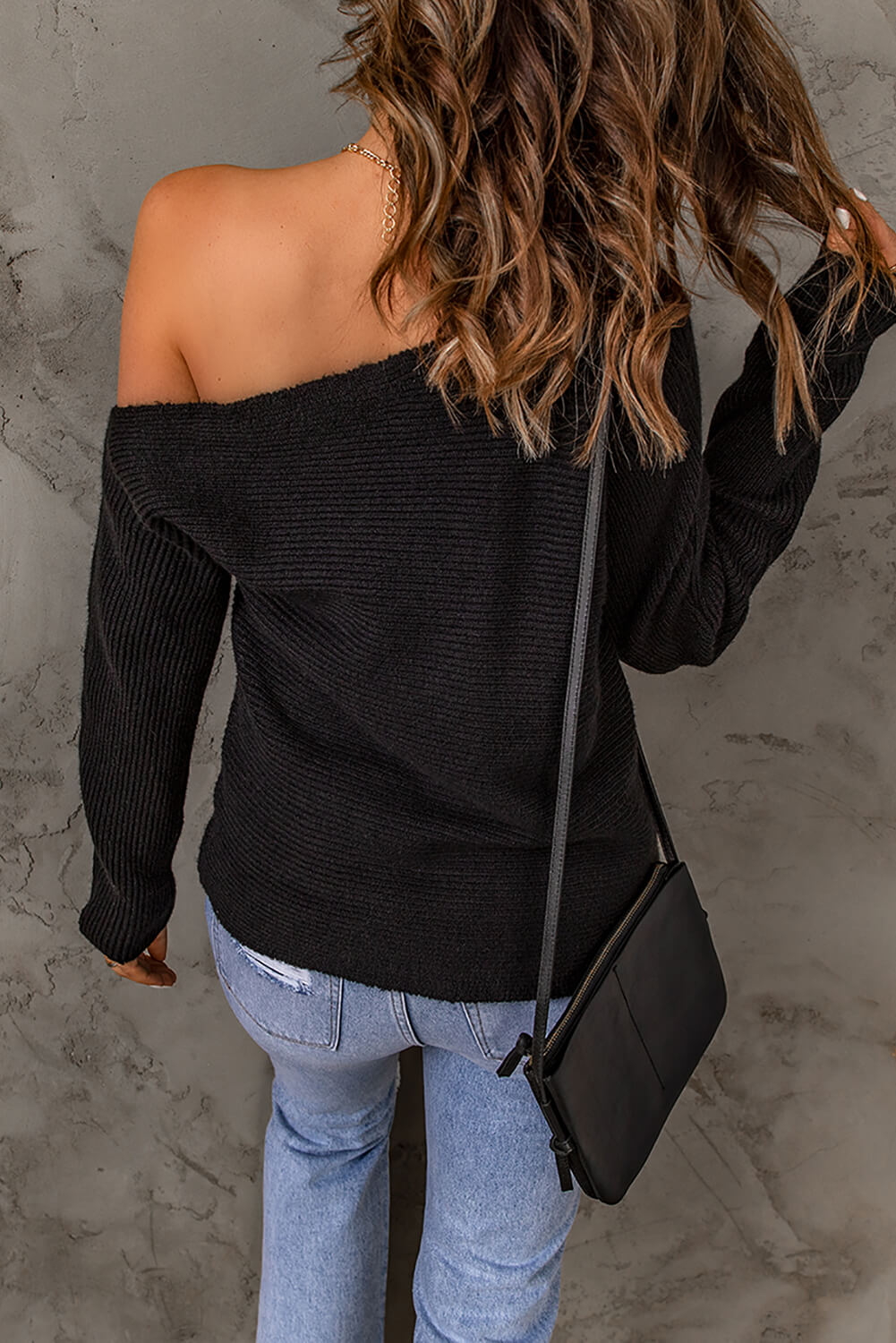 Horizontal Ribbing One-Shoulder Sweater