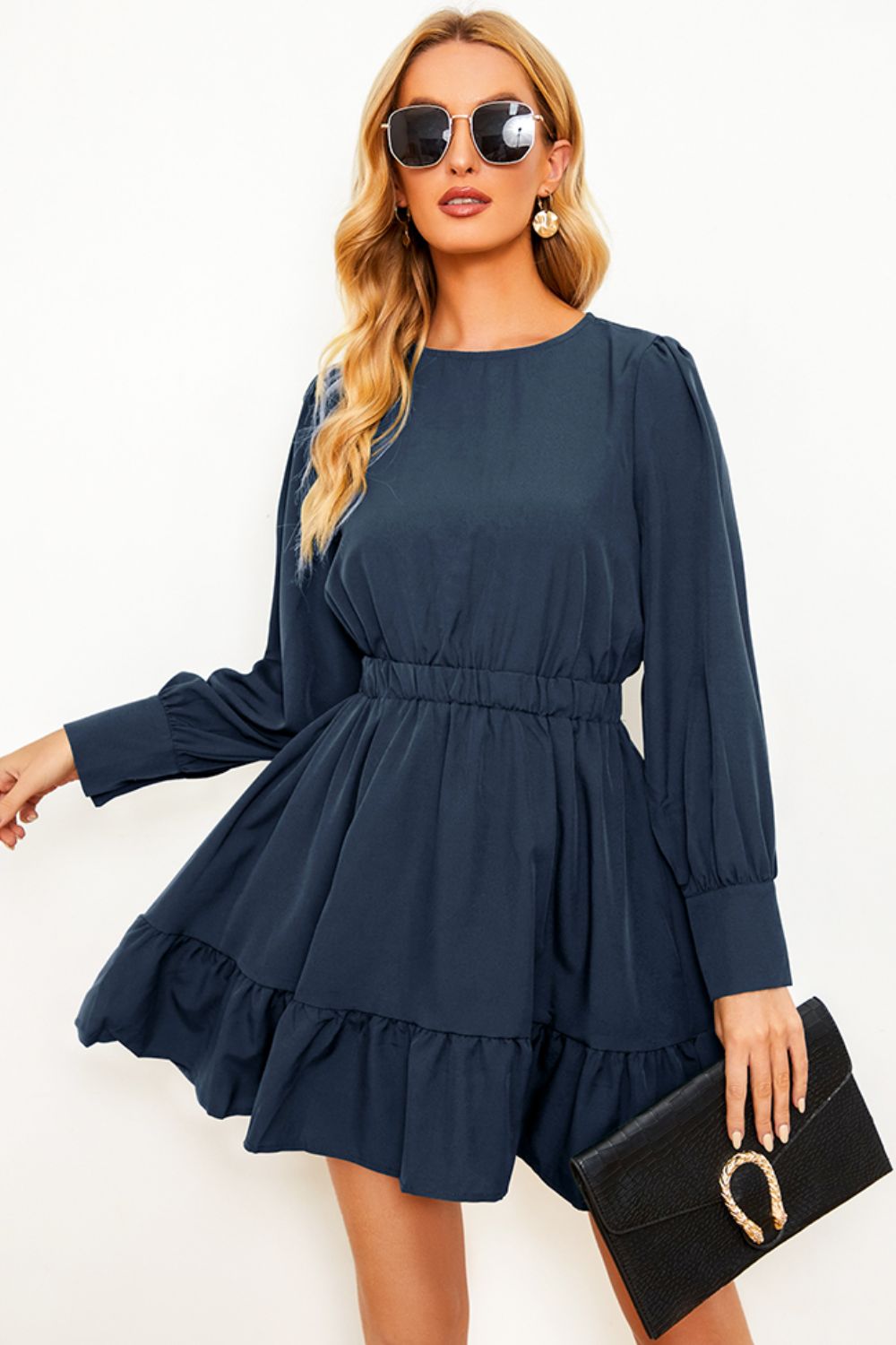 Round Neck Puff Sleeve Ruffle Hem Dress