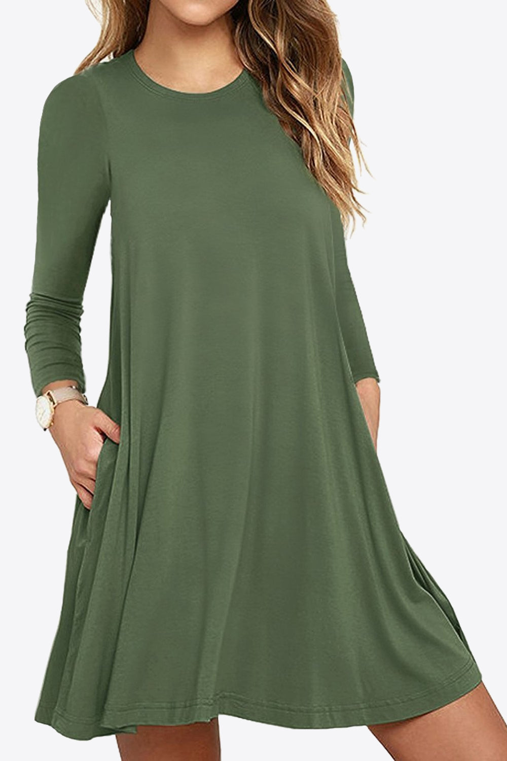 Full Size Long-Sleeve Round Neck Dress with Pockets