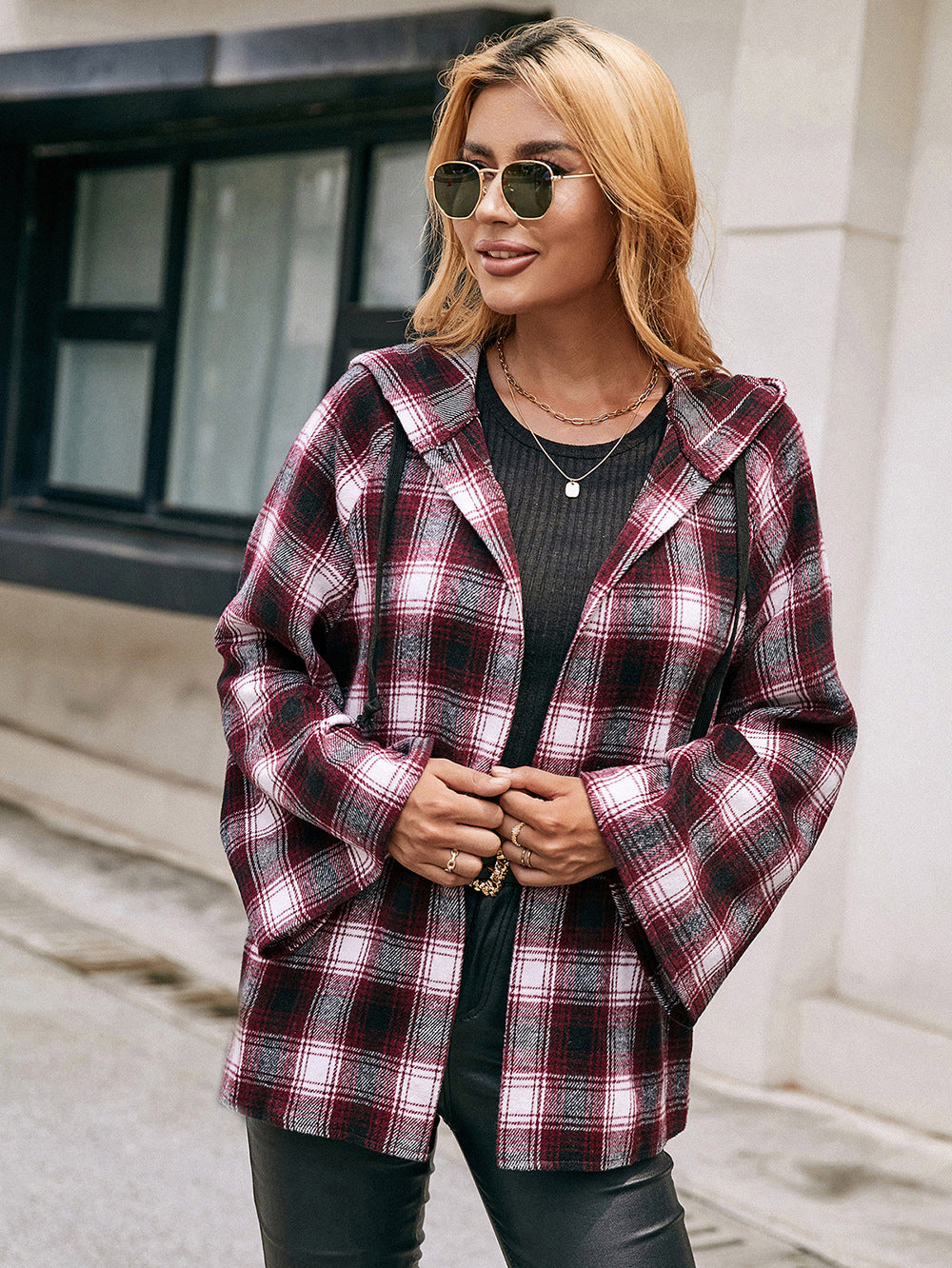 Plaid Drawstring Hooded Jacket