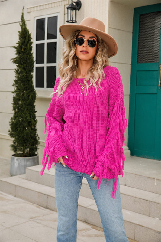 Tassel Detail Rib-Knit Round Neck Sweater