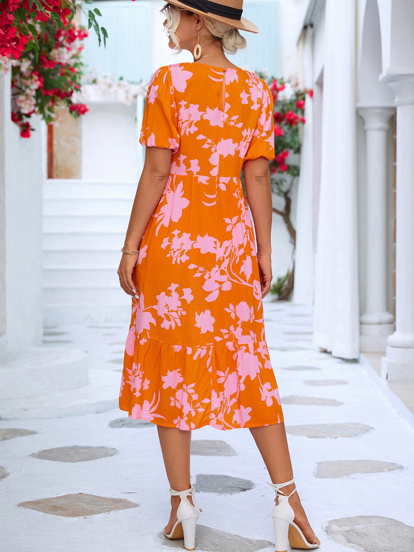 Floral Puff Sleeve Ruffle Hem Midi Dress