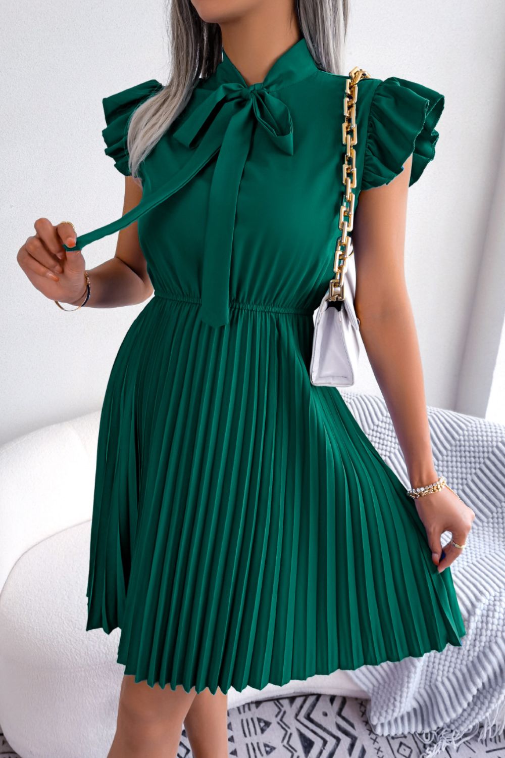 Tie Neck Butterfly Sleeve Pleated Dress