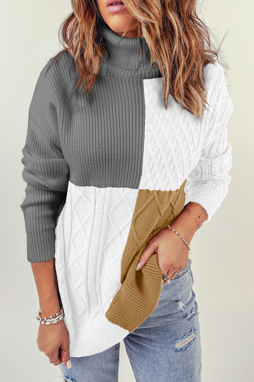 Color Block Drop Shoulder Turtleneck Pullover Sweater