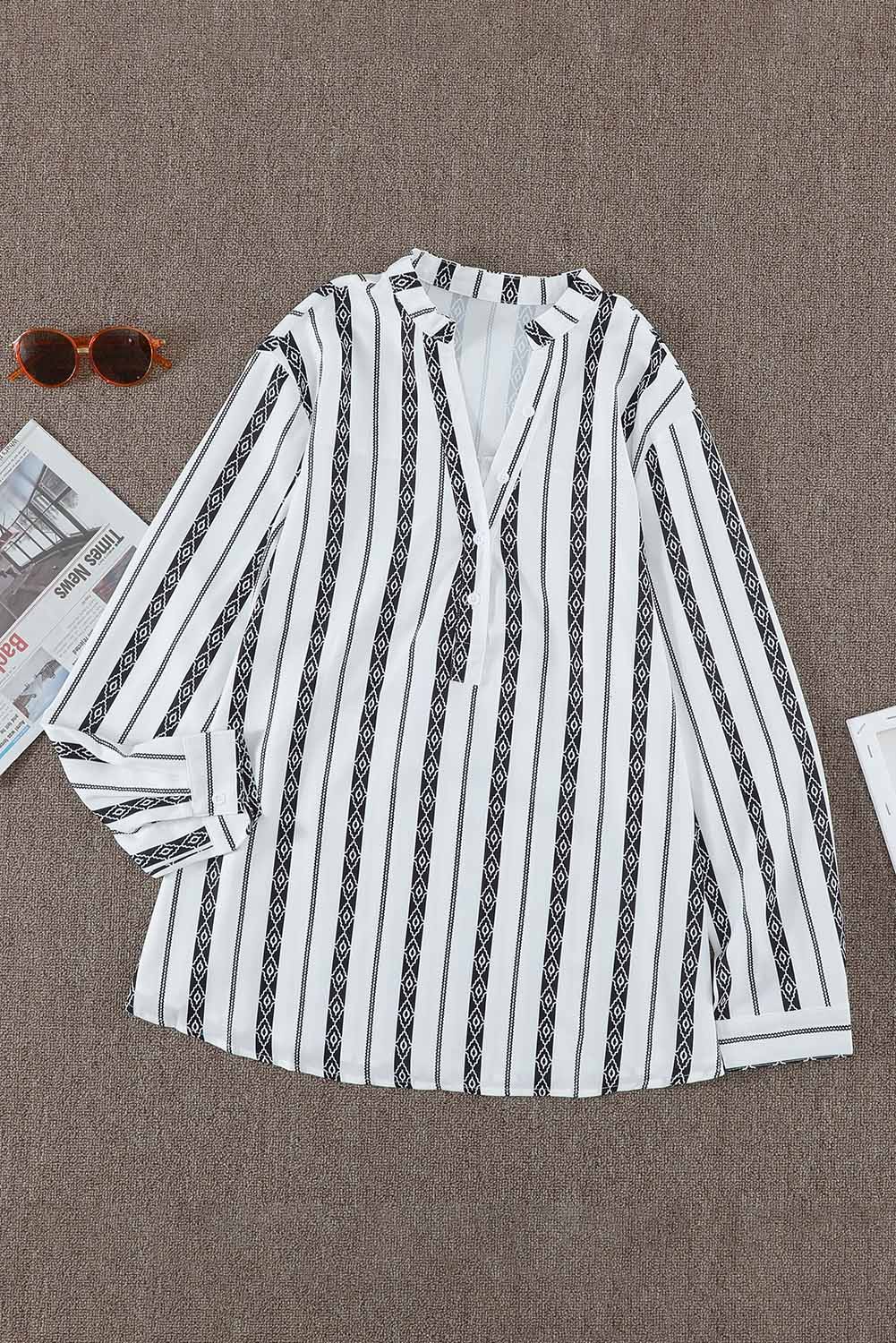Striped Half-Button Crewneck Top