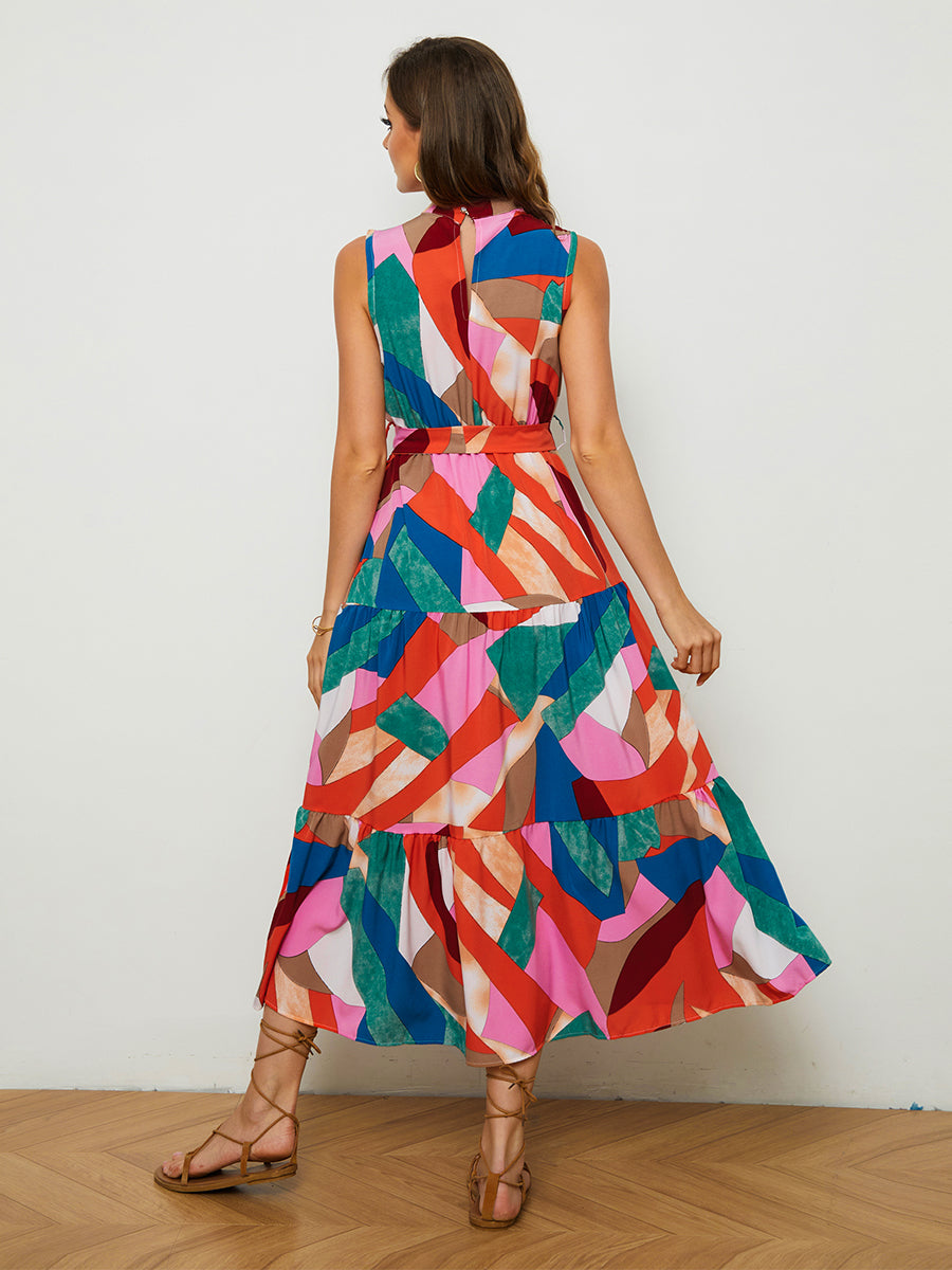 Geometric Print Tie-Waist Mock Neck Tiered Dress