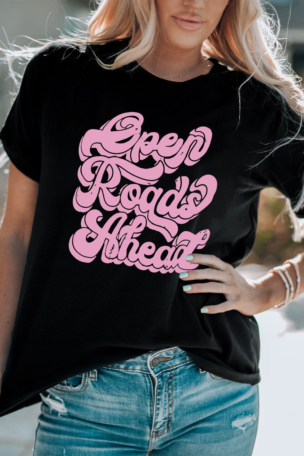 Round Neck Short Sleeve OPEN ROADS AHEAD Graphic Tee