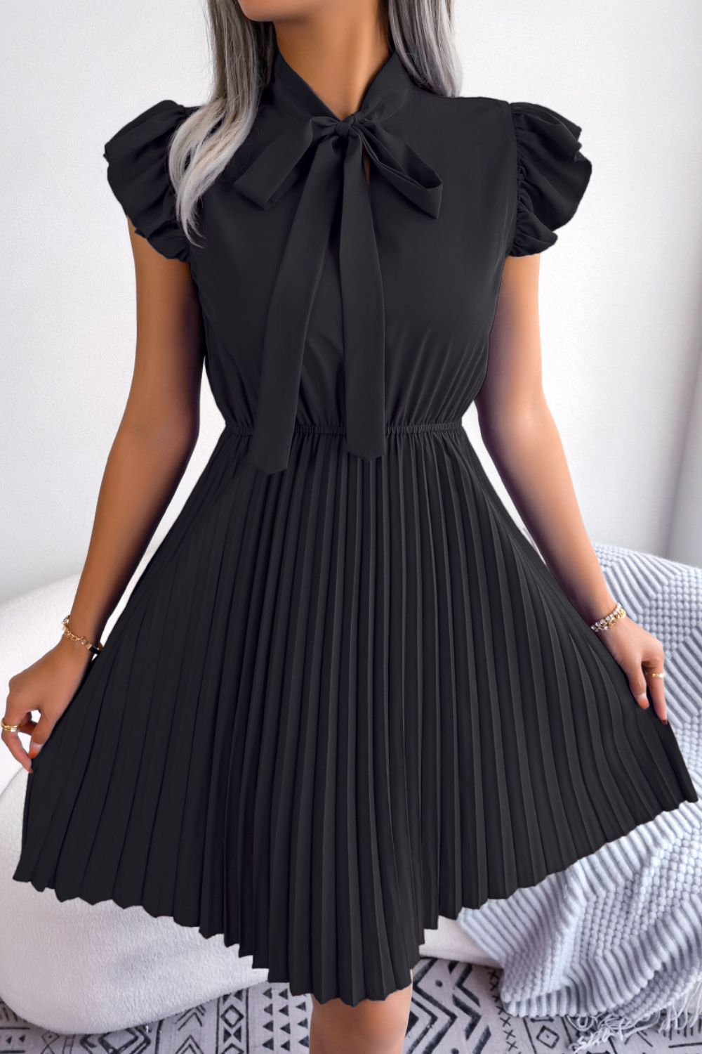 Tie Neck Butterfly Sleeve Pleated Dress