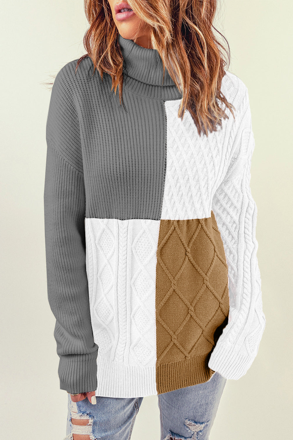 Color Block Drop Shoulder Turtleneck Pullover Sweater