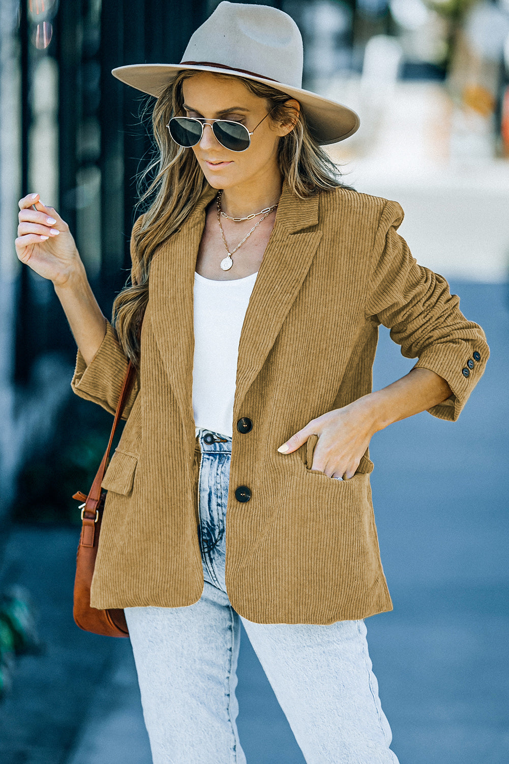 Back Slit Lapel Collar Corduroy Jacket