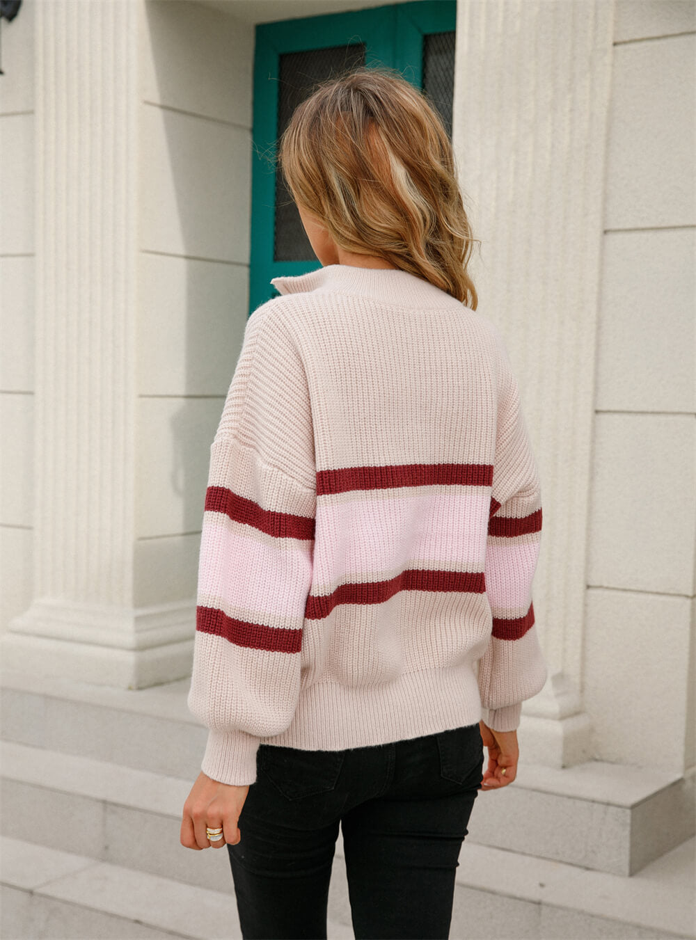 Striped Quarter-Zip Lantern Sleeve Sweater