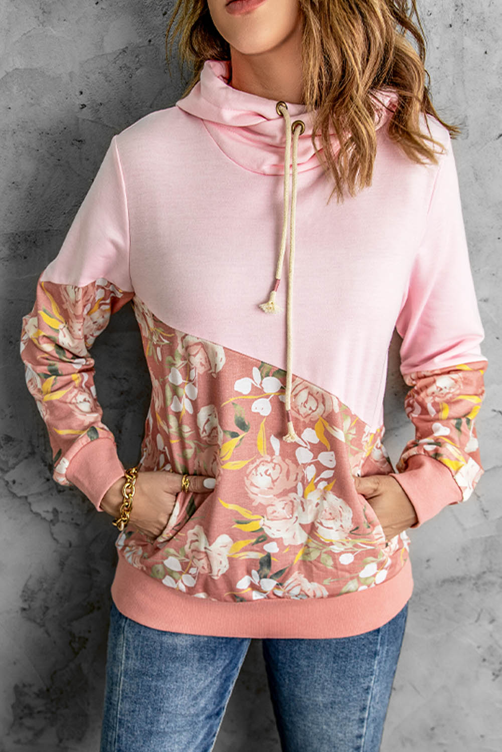 Floral Color Block Cowl Neck Hoodie