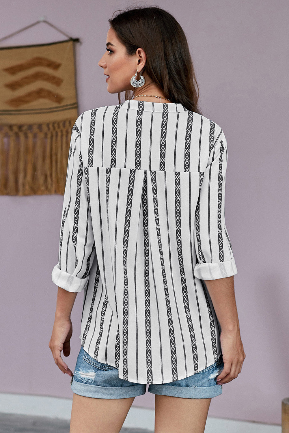 Striped Half-Button Crewneck Top