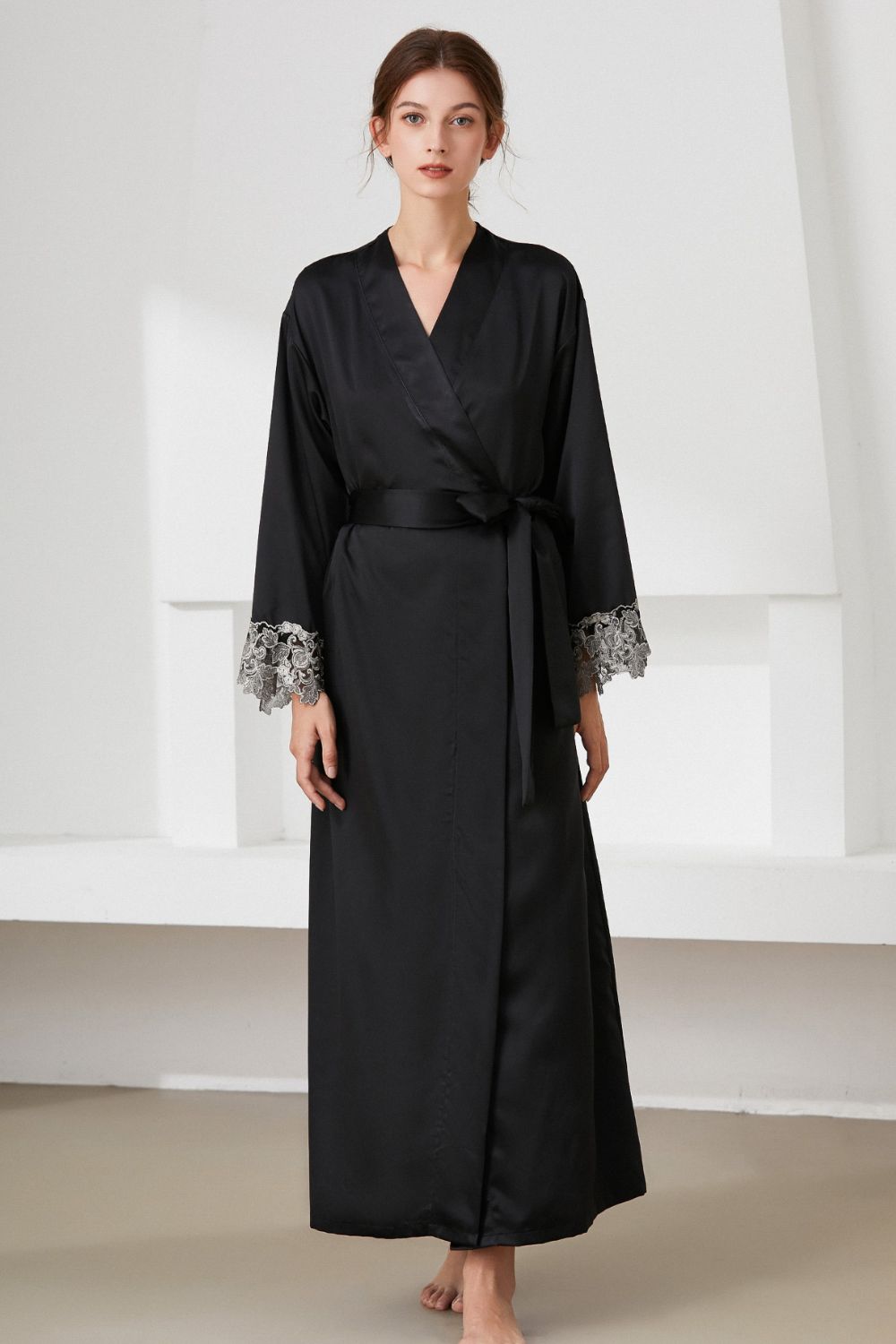 Contrast  Lace Trim Belted Robe