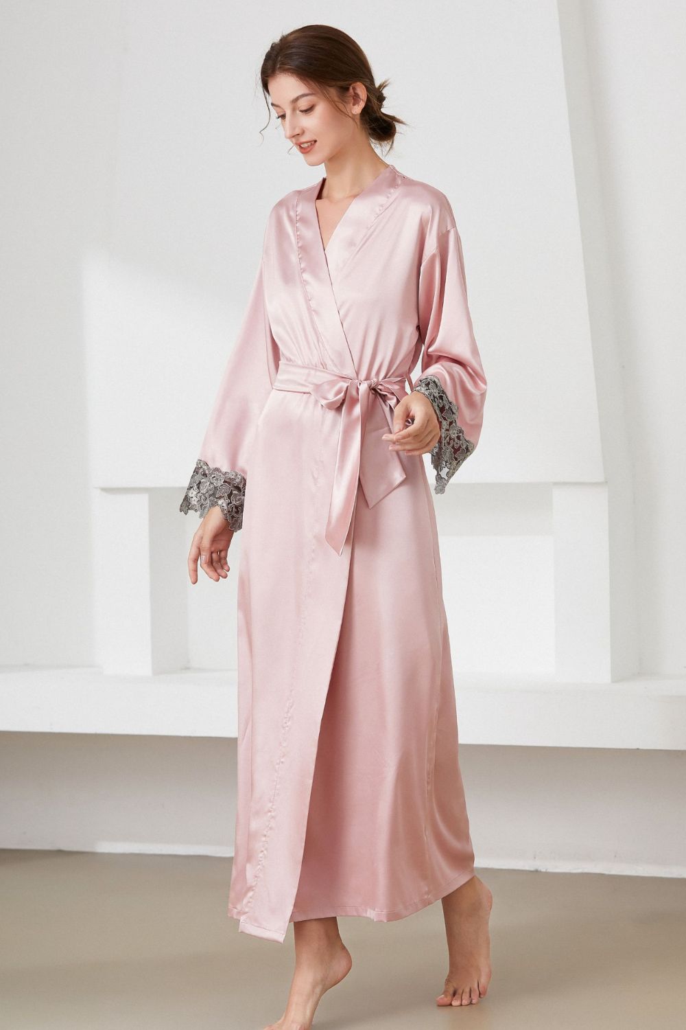 Contrast  Lace Trim Belted Robe