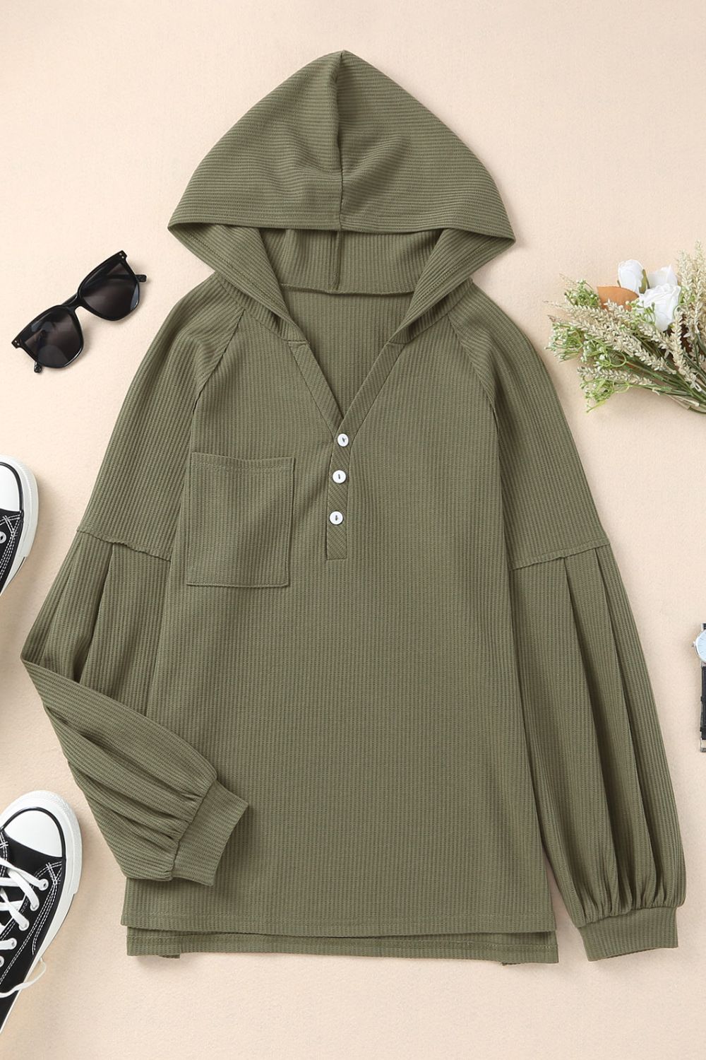 Puff Sleeve Side Slit Buttoned Waffle Knit Hoodie