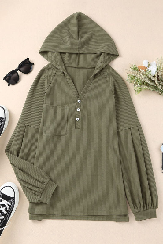 Puff Sleeve Side Slit Buttoned Waffle Knit Hoodie