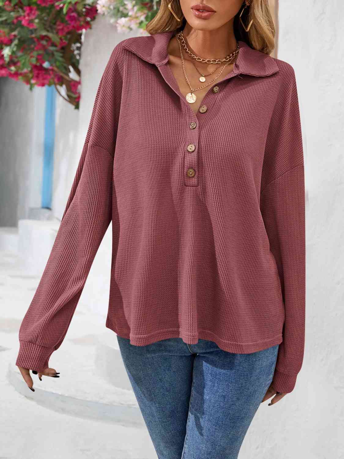 Half Button Collared Neck Long Sleeve Top