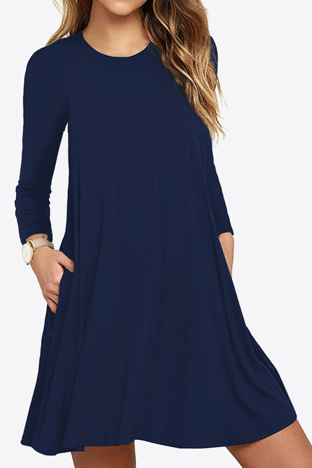 Full Size Long-Sleeve Round Neck Dress with Pockets