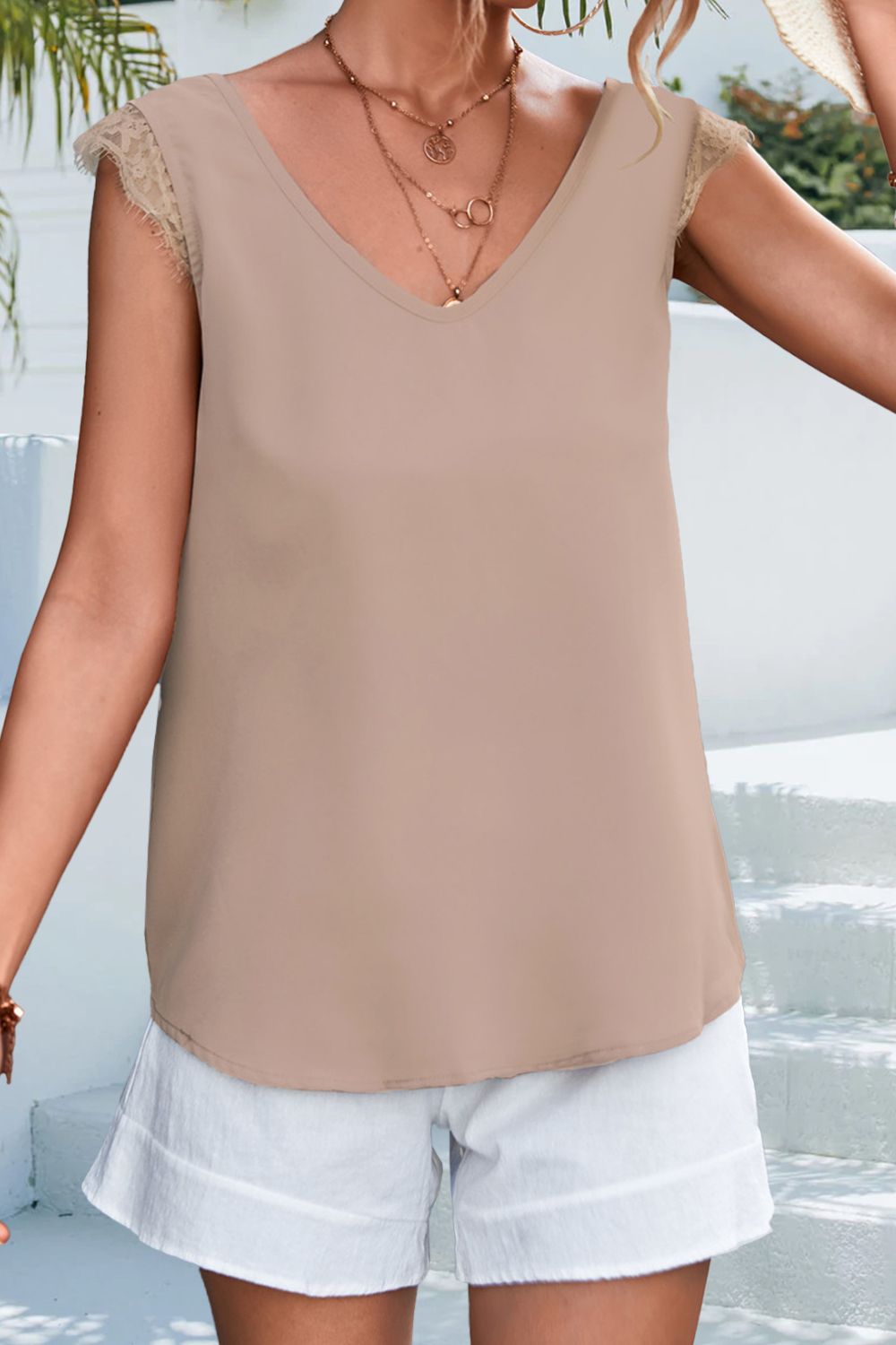 Lace Detail Eyelash Trim V-Neck Tank