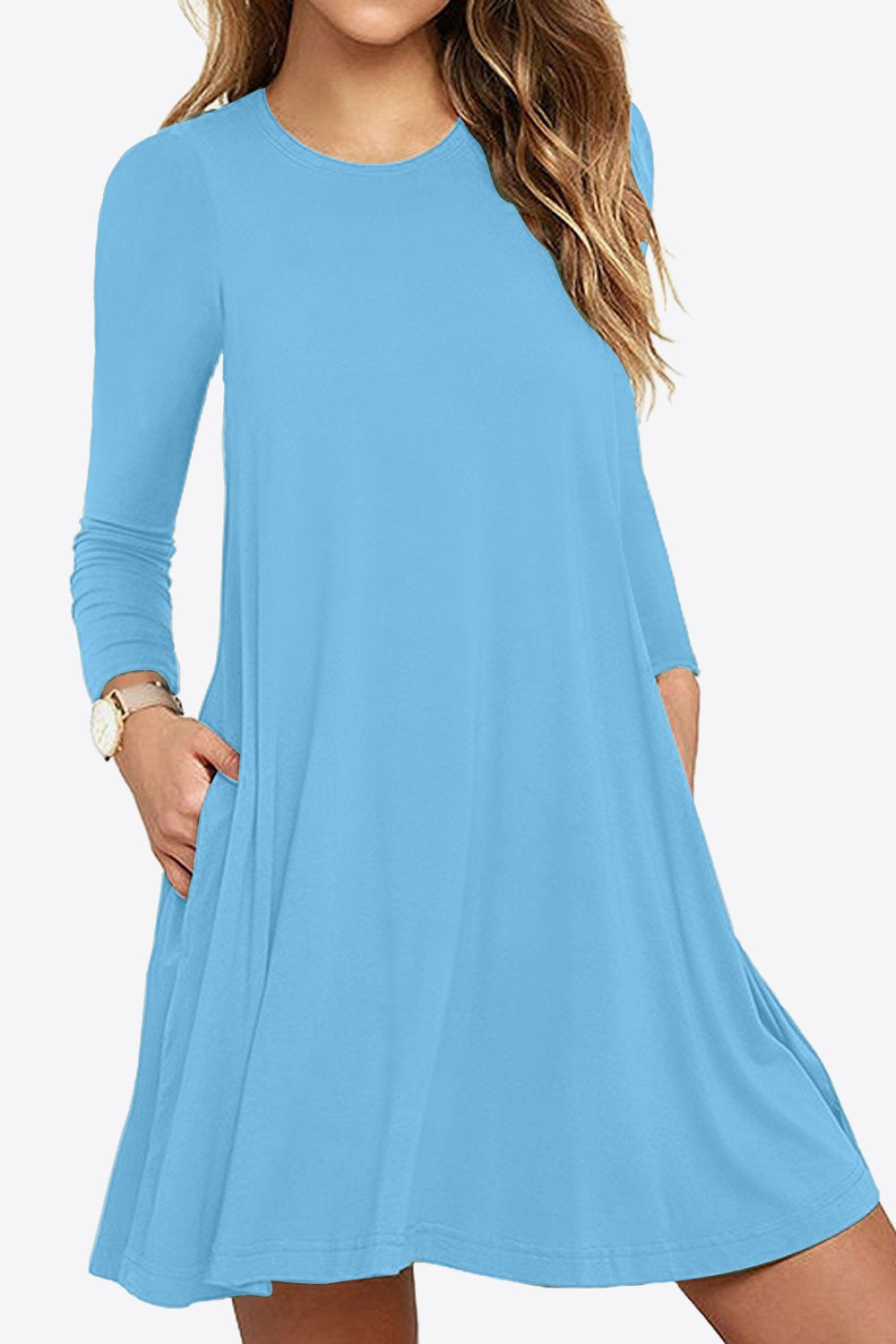 Full Size Long-Sleeve Round Neck Dress with Pockets