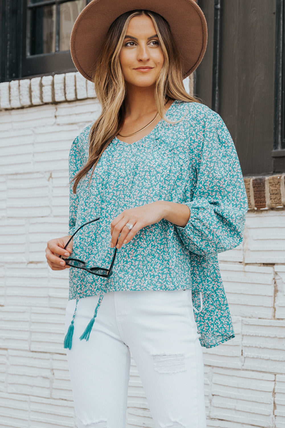 Ditsy Floral Tassel Tie High-Low Blouse