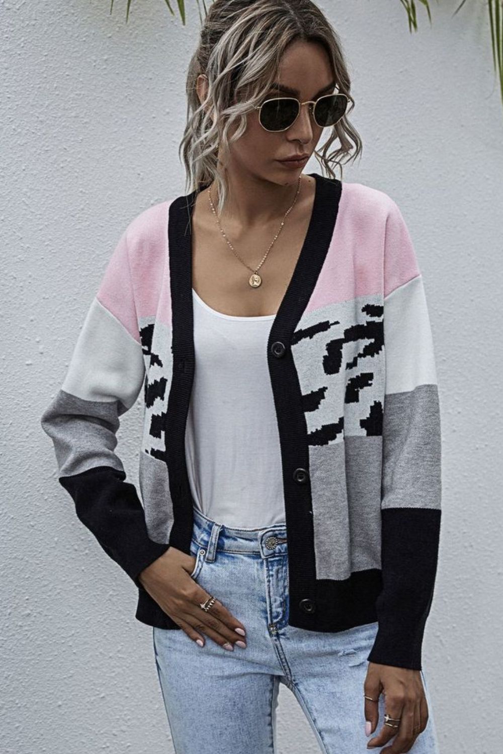 Color Block Drop Shoulder Button Down Cardigan