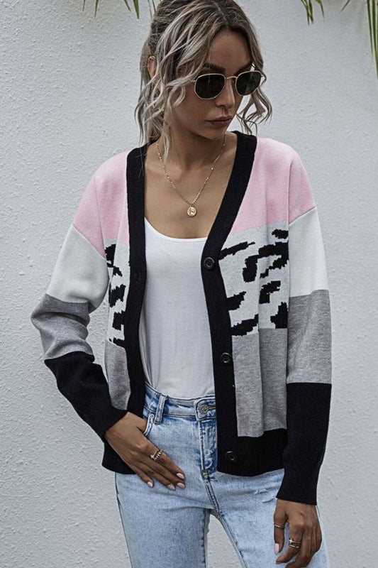 Color Block Drop Shoulder Button Down Cardigan