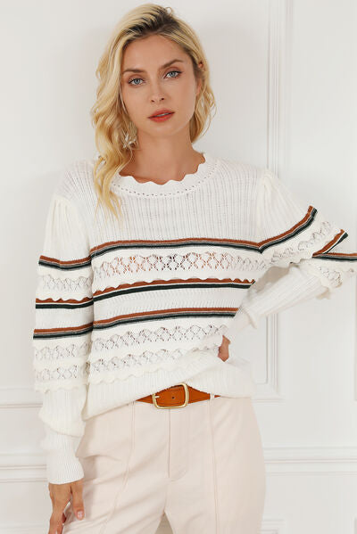 Openwork Striped Round Neck Sweater