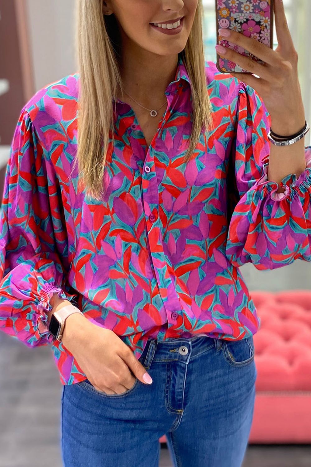 Printed Collared Neck Long Sleeve Shirt