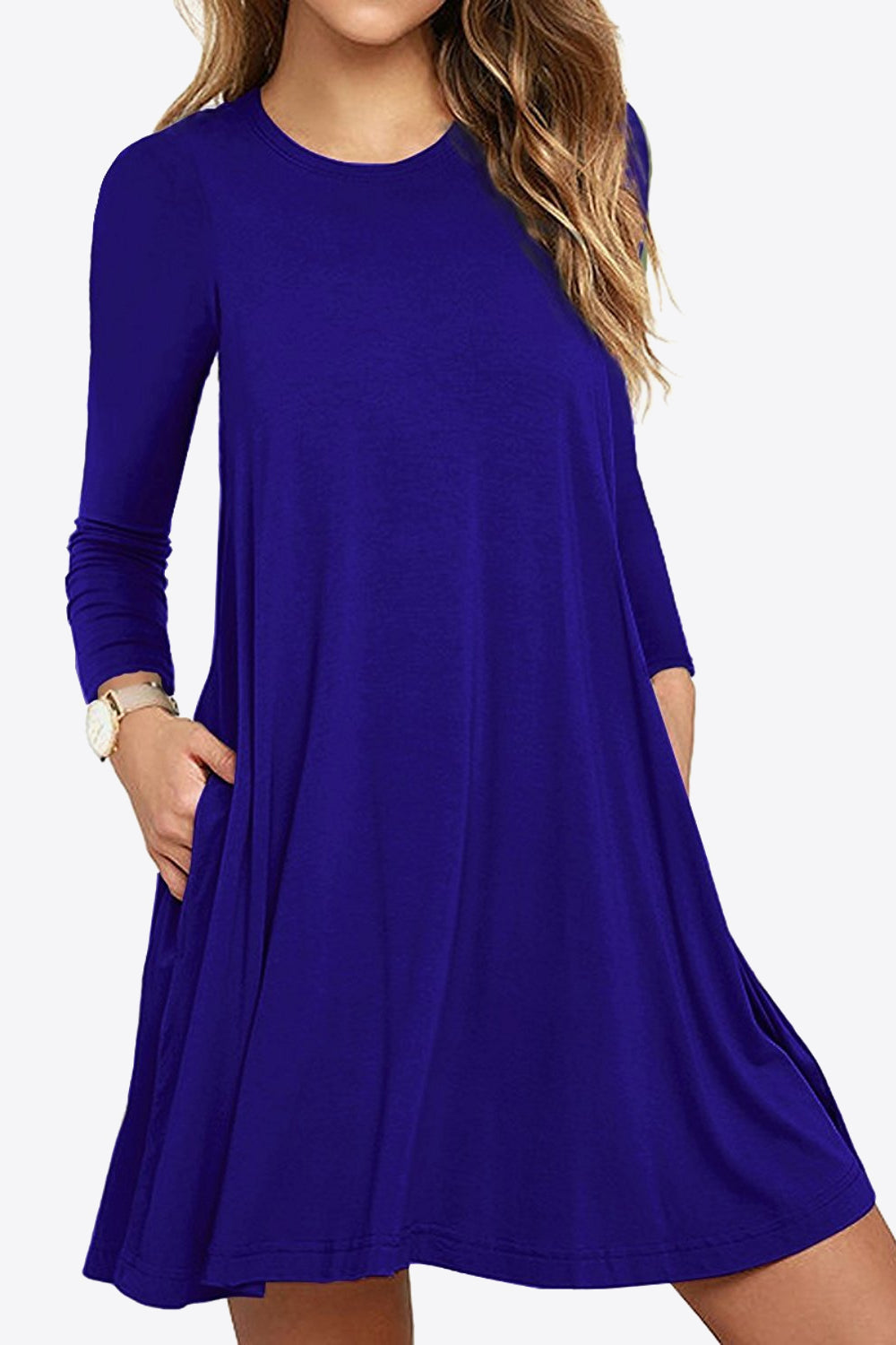 Full Size Long-Sleeve Round Neck Dress with Pockets