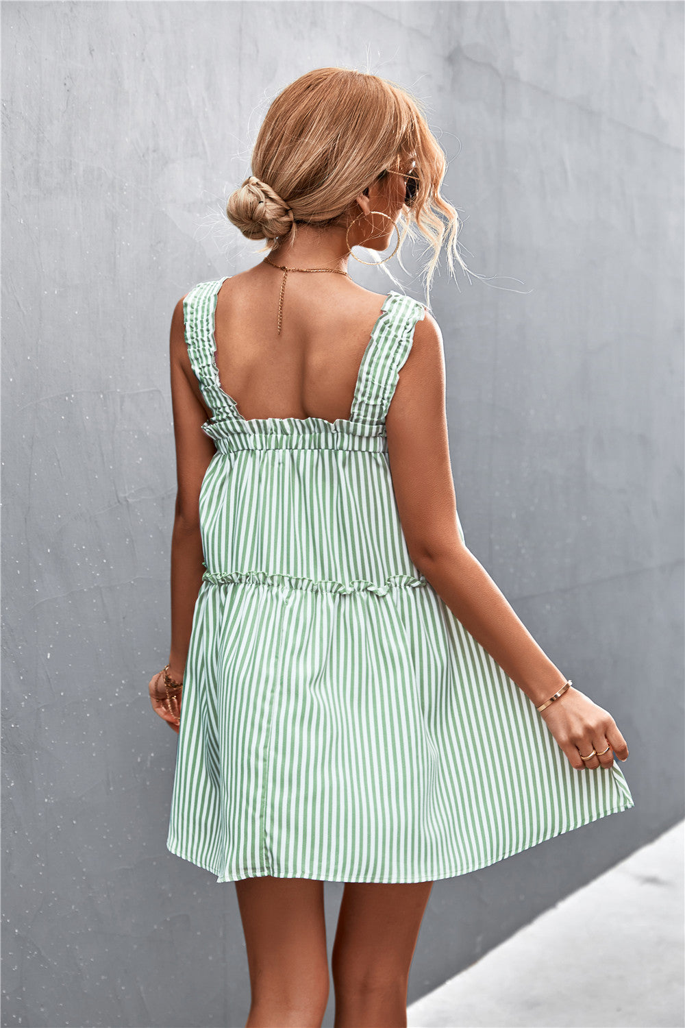 Striped Frill Trim Square Neck Dress