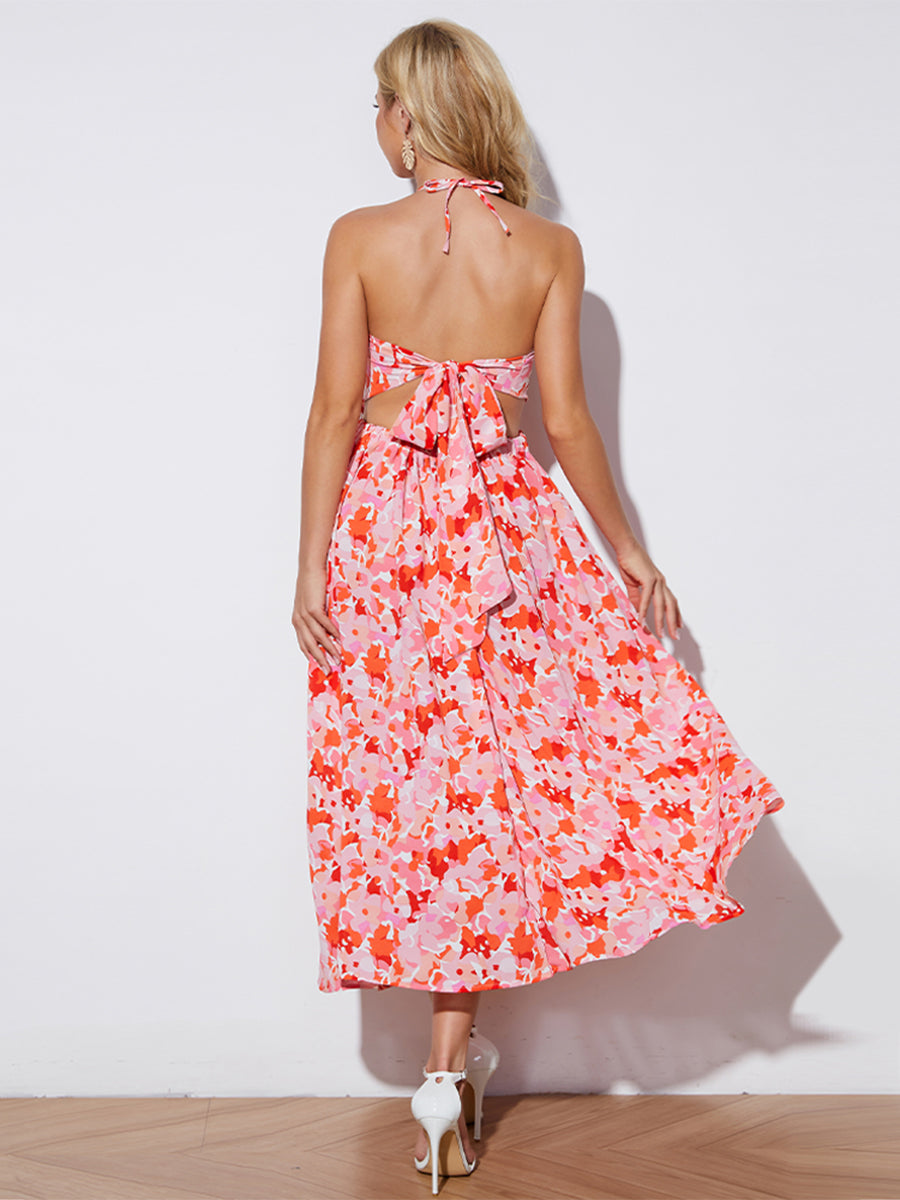 Floral Halter Neck Tie-Back Dress