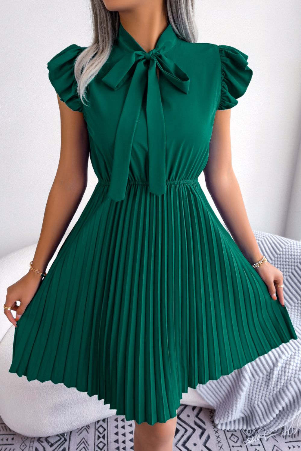 Tie Neck Butterfly Sleeve Pleated Dress