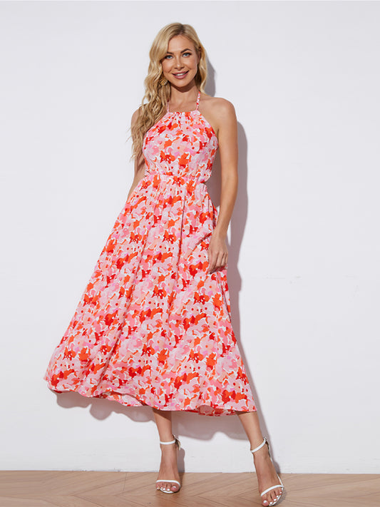 Floral Halter Neck Tie-Back Dress