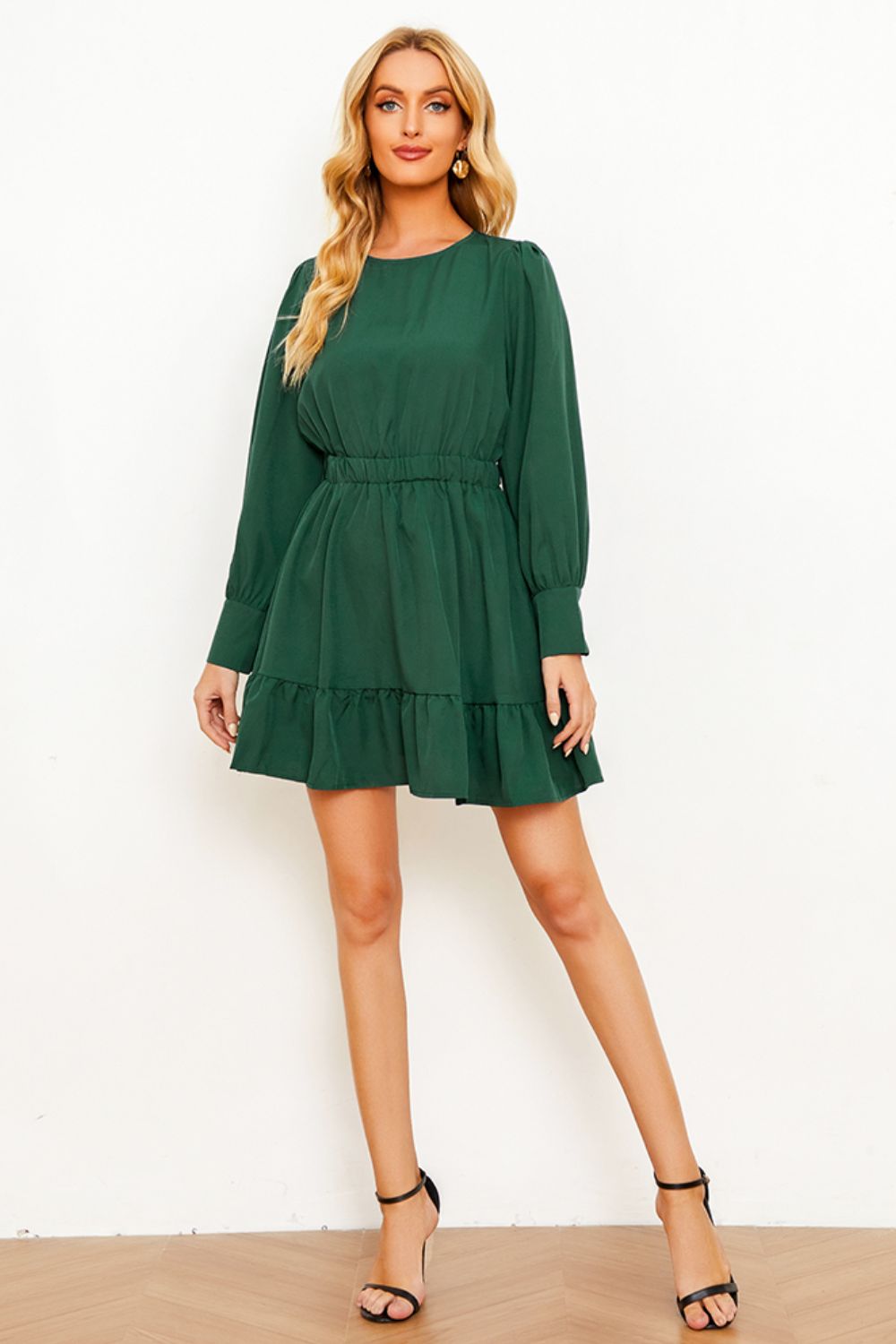 Round Neck Puff Sleeve Ruffle Hem Dress